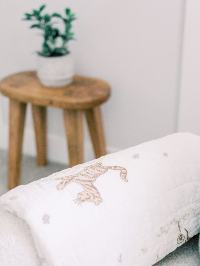 A white Winnie the Pooh quilt, wooden accent table, and a plant at a Richmond newborn nursery photography session by Katie Stansfield Photography.