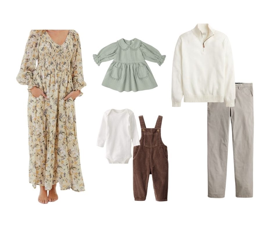 A style board that includes a light cream and green floral dress for mom, a light green dress for a girl, brown overalls and a white bodysuit for a boy, and an off-white quarter zip sweater and khaki pants for dad.