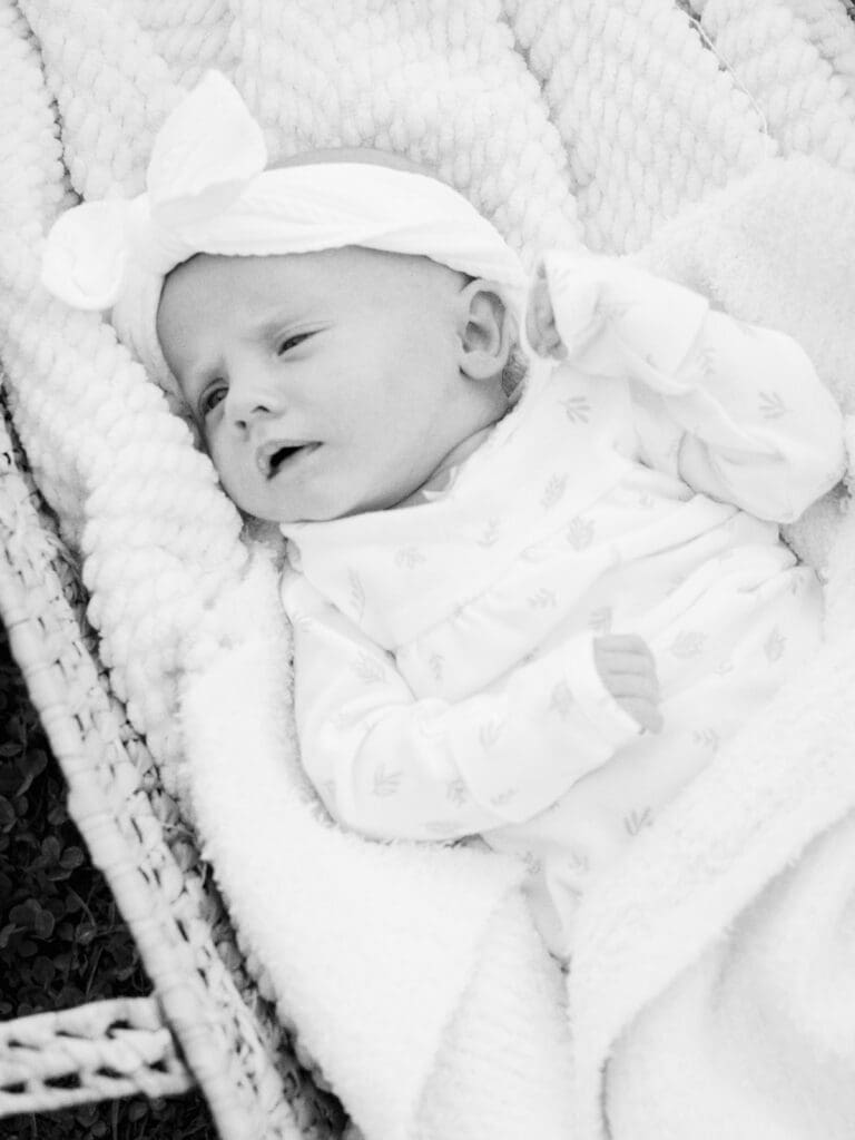 A newborn laying on top of blankets in a basket at an outdoor newborn photography session in Richmond by Katie Stansfield Photography.