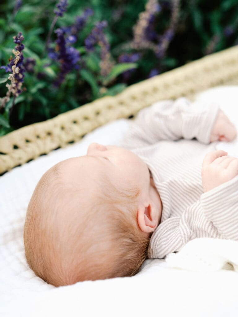 A close-up of a baby's head of hair at a newborn session by Katie Stansfield Photography.